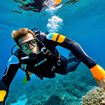 A professional male diver, fully clothed in a durable black wetsuit and complete diving gear, floats effortlessly in crystal-clear blue ocean water. He is focused on his advanced digital dive watch, which is clearly visible on his wrist. Vibrant coral formations and schools of small, colorful fish provide a beautiful, natural underwater backdrop. The diver's pose is natural and controlled. safe for work, appropriate content, fully clothed, professional, perfect anatomy, correct proportions, well-formed hands, proper finger count, natural body proportions, professional photography, high quality, realistic.