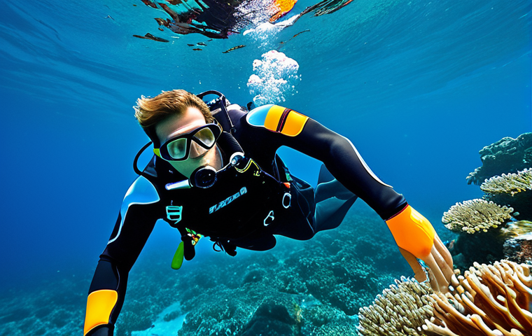 A professional male diver, fully clothed in a durable black wetsuit and complete diving gear, floats effortlessly in crystal-clear blue ocean water. He is focused on his advanced digital dive watch, which is clearly visible on his wrist. Vibrant coral formations and schools of small, colorful fish provide a beautiful, natural underwater backdrop. The diver's pose is natural and controlled. safe for work, appropriate content, fully clothed, professional, perfect anatomy, correct proportions, well-formed hands, proper finger count, natural body proportions, professional photography, high quality, realistic.