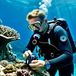 **

"A professional diver fully clothed in modern diving gear, examining a dive watch with a glowing Super-LumiNova dial underwater. The environment is a vibrant coral reef during the day. safe for work, appropriate content, fully clothed, professional photography, perfect anatomy, natural proportions, clear focus."

**