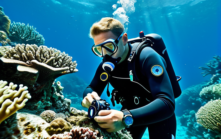 **

"A professional diver fully clothed in modern diving gear, examining a dive watch with a glowing Super-LumiNova dial underwater. The environment is a vibrant coral reef during the day. safe for work, appropriate content, fully clothed, professional photography, perfect anatomy, natural proportions, clear focus."

**