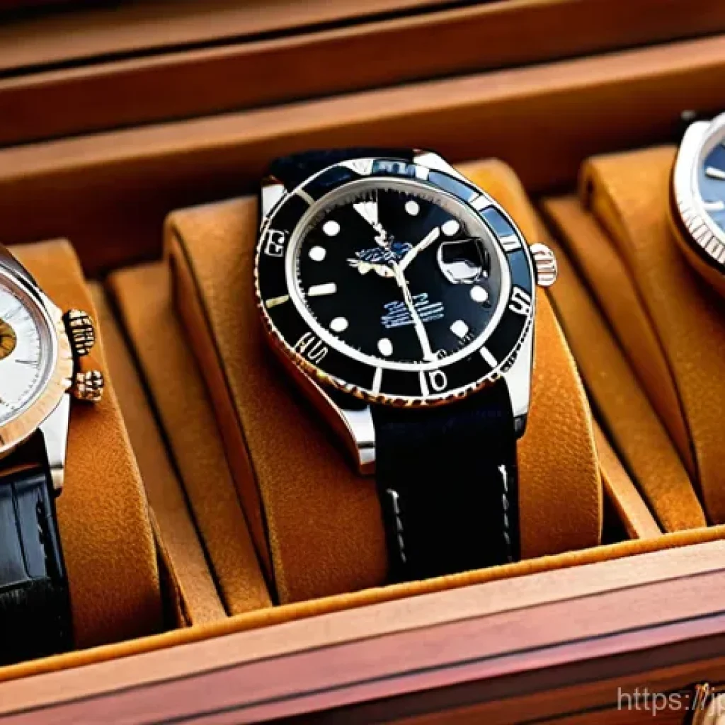 롤렉스 빈티지 시계 보관법 - **Prompt:** A meticulously organized and sophisticated display showcasing a collection of vintage Ro...