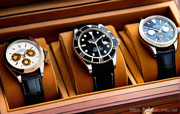 롤렉스 빈티지 시계 보관법 - **Prompt:** A meticulously organized and sophisticated display showcasing a collection of vintage Ro...