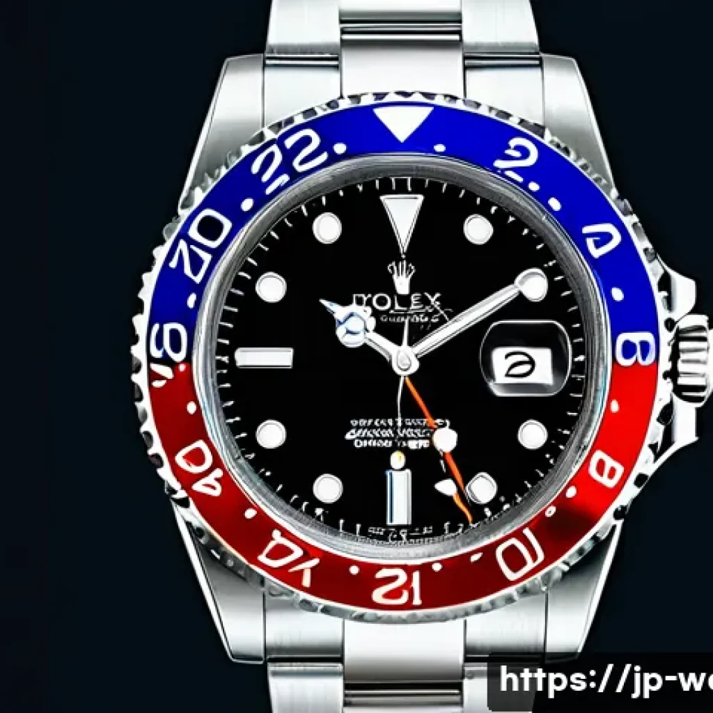 롤렉스 GMT 마스터의 기능 - A highly detailed close-up of a Rolex GMT Master watch showcasing the iconic two-tone bezel in vivid...