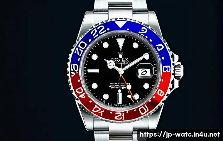 롤렉스 GMT 마스터의 기능 - A highly detailed close-up of a Rolex GMT Master watch showcasing the iconic two-tone bezel in vivid...