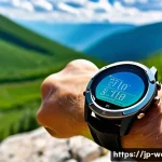 태양열 충전 스마트워치 추천 - A sleek, modern solar-powered smartwatch displayed on a person's wrist during a sunny outdoor hike i...