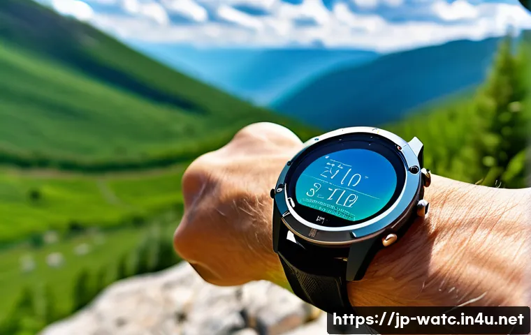태양열 충전 스마트워치 추천 - A sleek, modern solar-powered smartwatch displayed on a person's wrist during a sunny outdoor hike i...