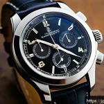 크로노미터 인증 시계란 - A close-up, hyper-realistic image of a luxury Swiss chronometer wristwatch on a wooden table in soft...