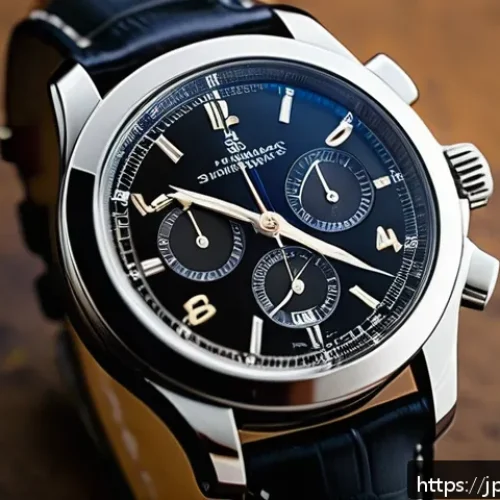 크로노미터 인증 시계란 - A close-up, hyper-realistic image of a luxury Swiss chronometer wristwatch on a wooden table in soft...