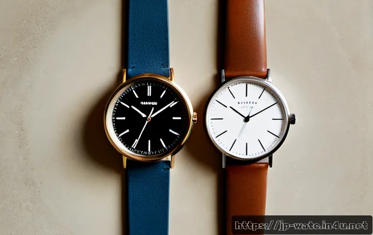 티쏘 PRX와 PR100 비교 - Photorealistic luxury watch comparison on a clean pale stone tabletop, two unbranded stainless steel...